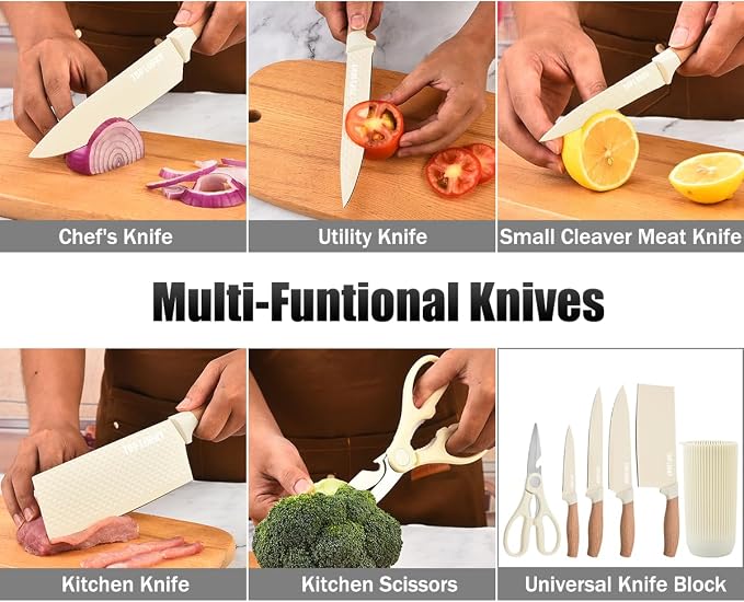 Knife Set, Wiztoynia 6-Piece Beige Kitchen Knife Set - Image 4