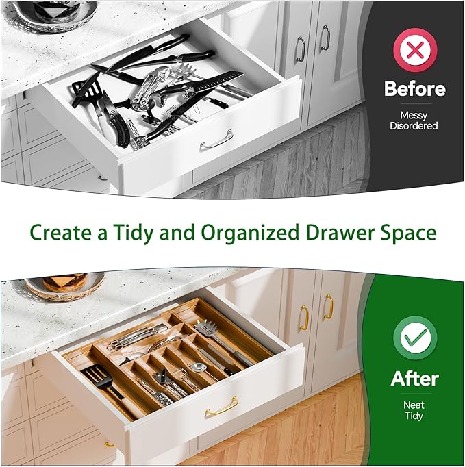 Simple Trending Bamboo Kitchen Drawer Organizer, Expandable Silverware Organizer - Image 3