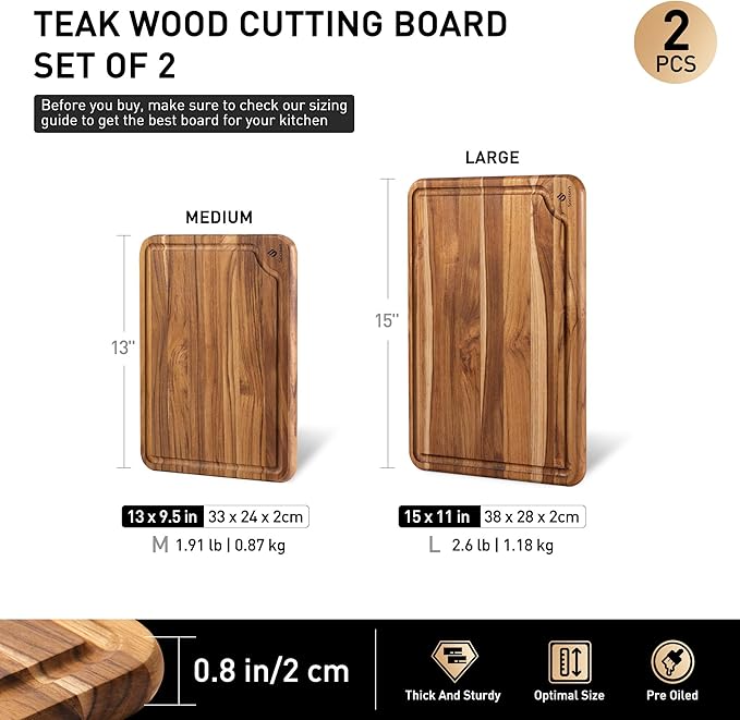 2 Pack Teak Cutting Board for Kitchen Wooden Chopping Board Charcuterie Board - Image 3