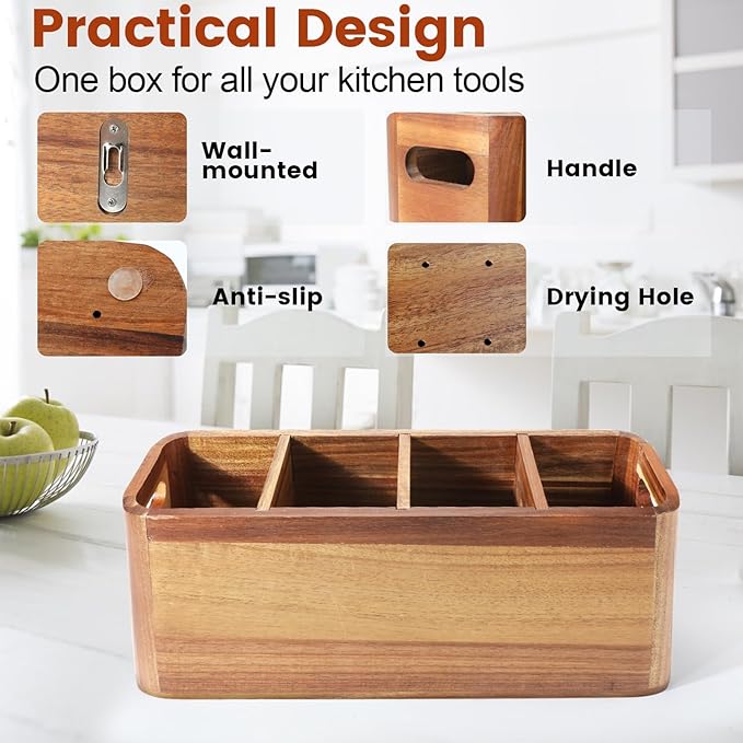 Kitchen Utensil Holder for Counter or Countertop, Large Wooden Utensil Holder - Image 2