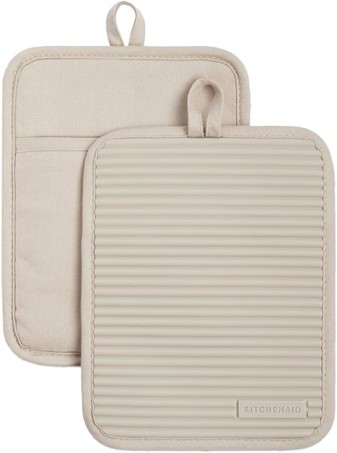 KitchenAid Ribbed Soft Silicone Pot Holder 2-Pack Set, Milkshake Tan by KitchenAid