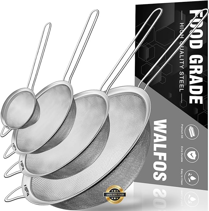 Walfos Extra Fine Mesh Strainer Set of 4-9.35", Stainless Steel 30 Mesh Sieve by Walfos