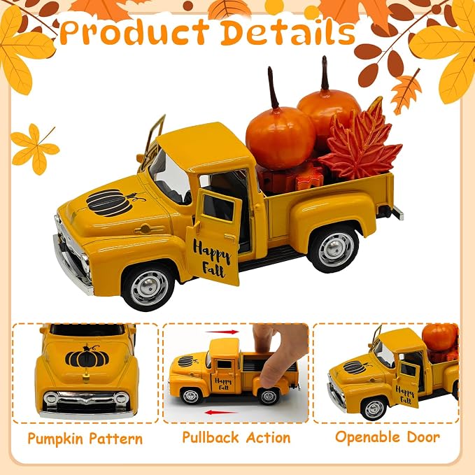 4.9″ Mini Fall Vintage Metal Pumpkin Truck Decor - Image 4