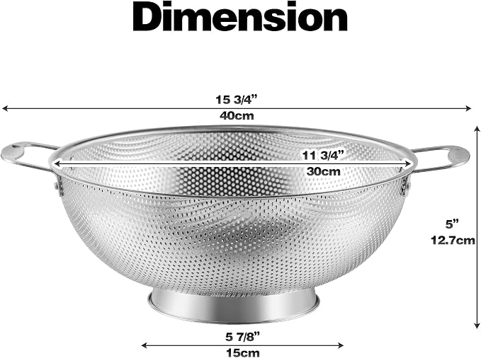 Tiawudi Large 6-Qt Colander, 18/8 Stainless Steel Mesh Strainer - Image 2