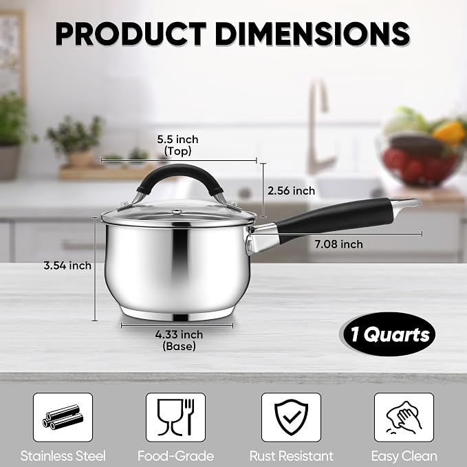 E-far 1 Quart Sauce Pan with Lid, Tri-Ply Base Stainless Steel Small Saucepan - Image 2