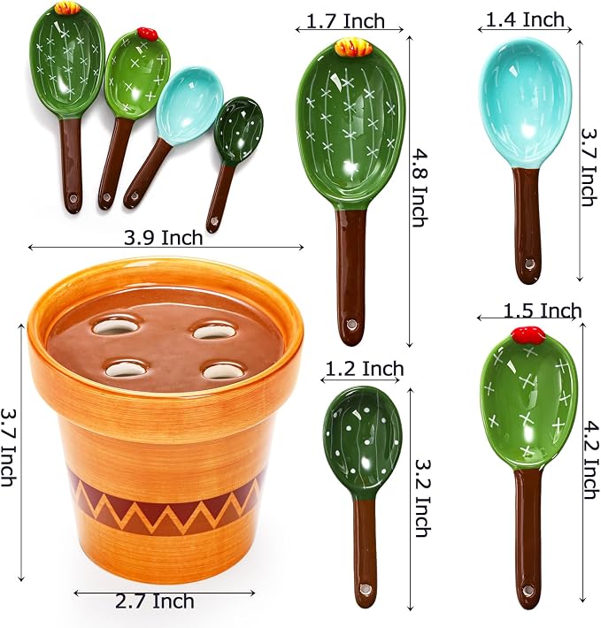 Coloch 5Pcs Ceramic Measuring Spoons in Pot, Cactus Shape Baking Measuring - Image 2