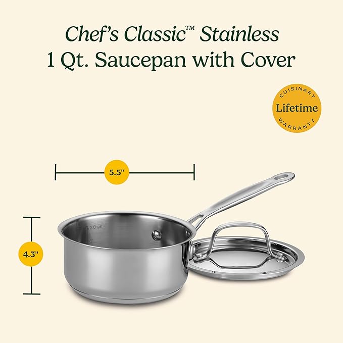 Cuisinart 1 Quart Saucepan w/Cover, Chef's Classic Stainless Steel Cookware - Image 3