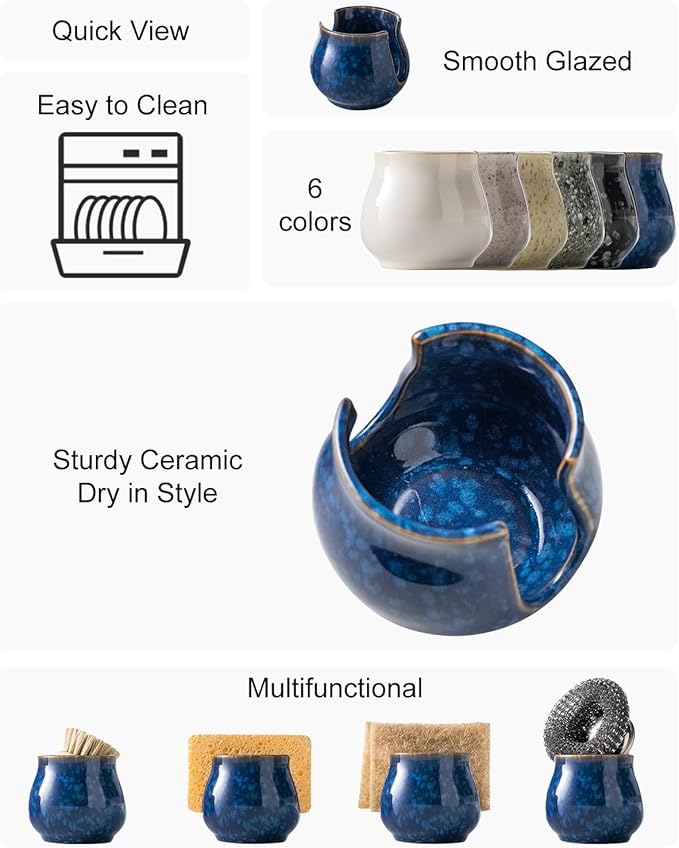 Zoeeker Ceramic Sponge Holder, Kitchen Sink Scrubby Caddy Organizer Dish Sponge - Image 2