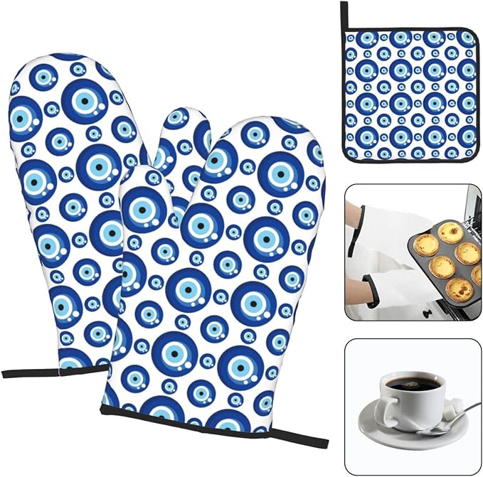 Blue Evil Eyes Oven Mitts and Pot Holders Sets of 3 Funny Hot Pads Heat - Image 3