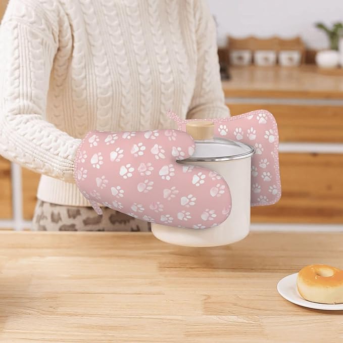 Oven Mitts and Pot Holders Pastel Pink Dog Paw Pattern Silicone Kitchen - Image 7