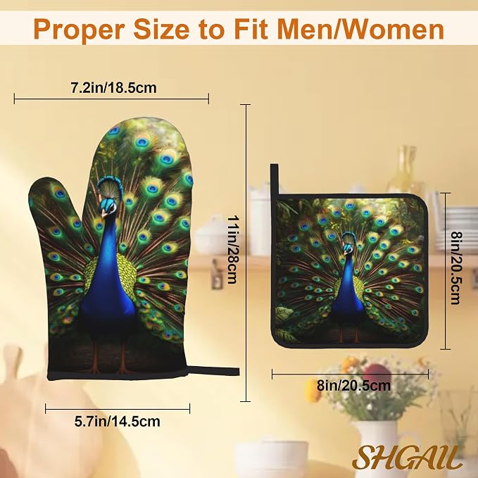 Peacock Pattern Oven Gloves and Hot Pads Set - Image 3