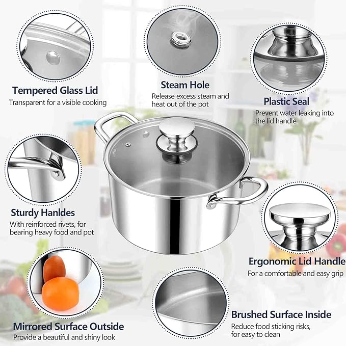 P&P CHEF 6 Quart Tri-Ply Stainless Steel Stock Pot, 6 Qt Stockpot Pasta Cooking - Image 3