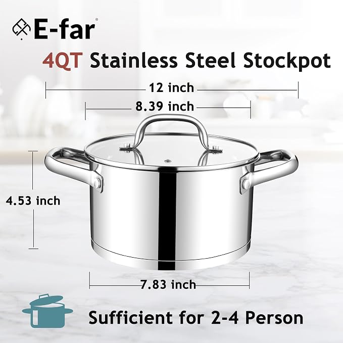E-far 4 Quart Stock Pot with Lid, Stainless Steel Stockpot - Image 2