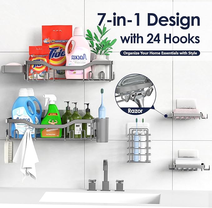 NESOMI Shower Caddy Adhesive Shower Organizer 7-Pack, Rustproof Stainless Steel - Image 4