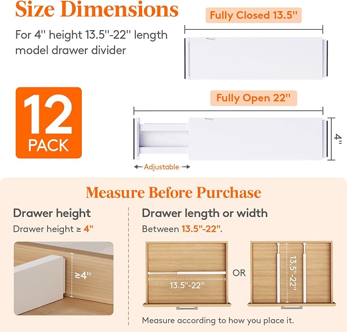Lifewit 12 Pack 4" High Drawer Dividers 34-56cm/13.5-22" Adjustable Drawer - Image 2