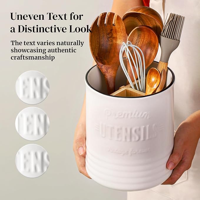 DOWAN 3 Compartment Kitchen Utensil Holder, 7.2″ Extra-Large Ceramic Stable - Image 3