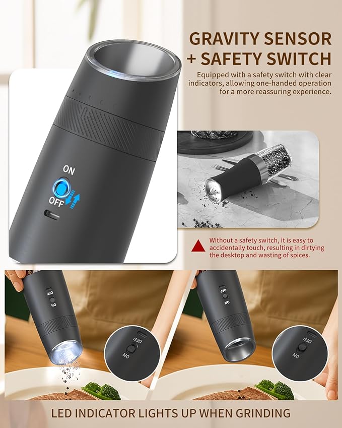 CIRCLE JOY Gravity Electric Salt and Pepper Grinder Set Rechargeable Automatic - Image 3