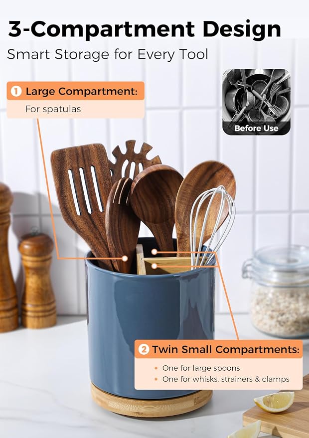 LoeJan 3 Compartment Utensil Holder, Extra Large Utensil Crock, Stable Ceramic - Image 3