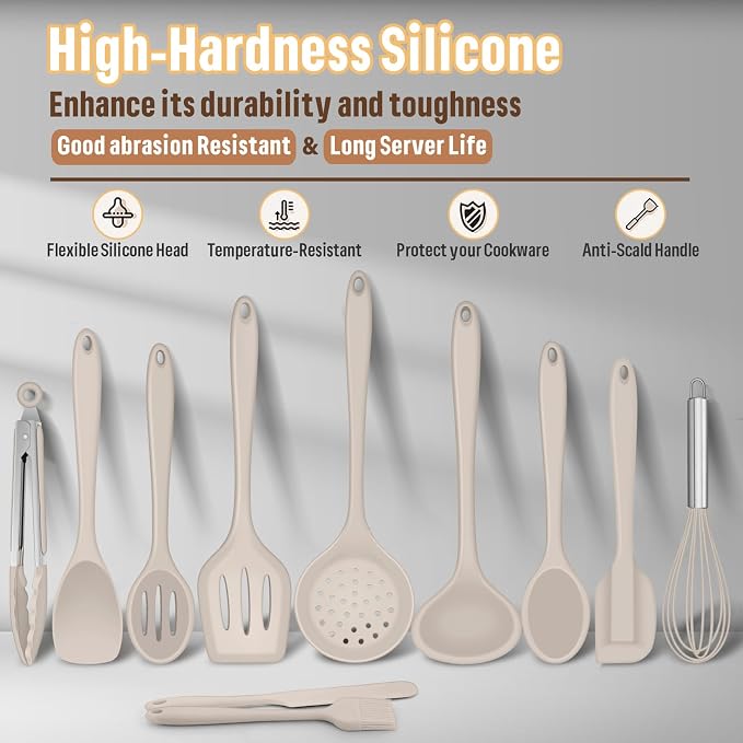 Silicone Kitchen Utensils Set, E-far 23 Pcs Khaki Cooking Utensils Tools - Image 5