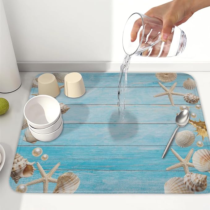 Summer Coastal Dish Drying Mat for Kitchen Counter Seashell Starfish Blue - Image 6