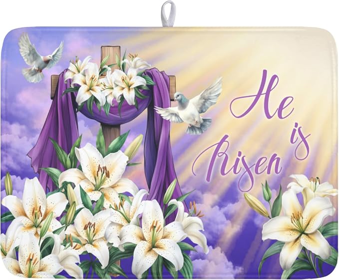 Easter Dish Drying Mat for Kitchen Counter He is Risen Cross Floral Purple by Unknown
