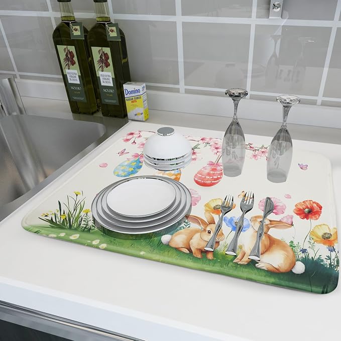 Giwawa Easter Bunny Dish Drying Mat, Spring Rabbits Eggs Hunt Dish Drainer Mats - Image 6