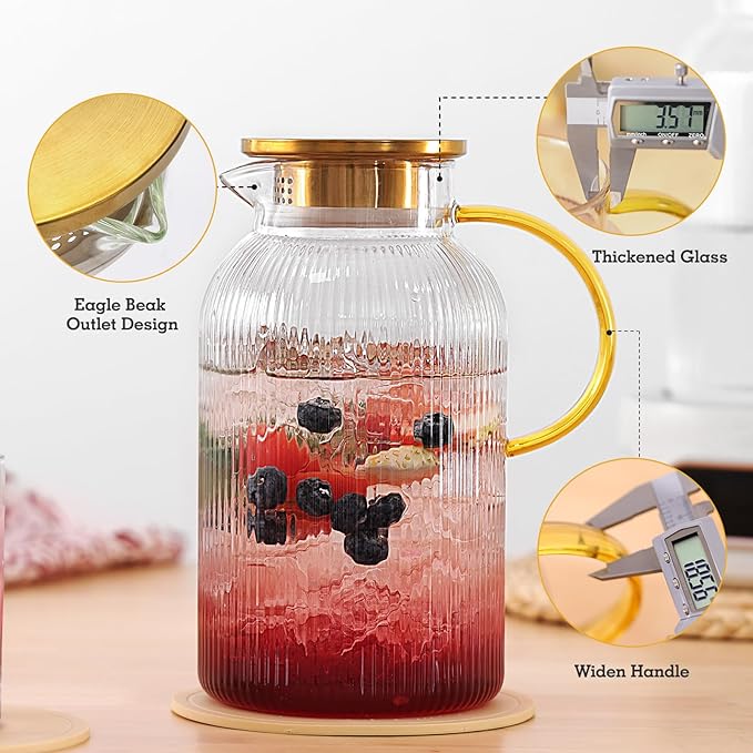 2 Pack Glass Pitchers with Lid and 2 Cups, 68oz/ 2 Liter Glass Water Pitcher - Image 3