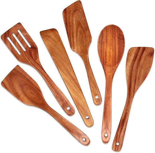 6 Pack Teak Wooden Spoons for Cooking Utensil Set Best Wood Non Toxic Spatula by Ayiaren