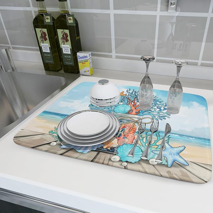 Coastal Coral Dish Drying Mat 18x24 inch Starfish Shell Fast Dry Microfiber - Image 6