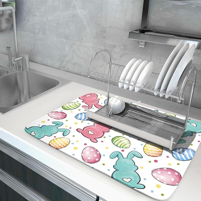 Easter Dish Drying Mat for Kitchen Counter Colorful Bunny Holiday Microfiber - Image 5