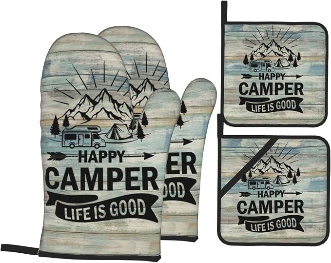 Happy Camper Oven Mitts and Pot Holders Sets of 4, Resistant Hot Pads by Nelife