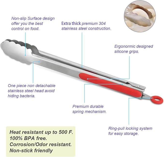 Premium 304 Stainless Steel Tongs Set – 12" Grill Tongs & 9" Cooking Tongs - Image 5