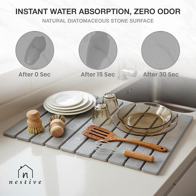 Large Stone Drying Mat for Kitchen Counter | 24"x16" | Fast Drying Collapsible - Image 4