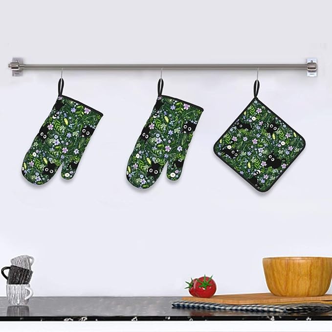 Spring Funny Black Cat Hot Pads and Oven Mitts Heat Resistant, Cute Cat Lover & - Image 6