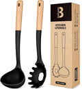 Pasta Fork and Ladle Set, and Sauce Pasta, BPA-Free Matte Silicone, Wood Handle by BADIANO