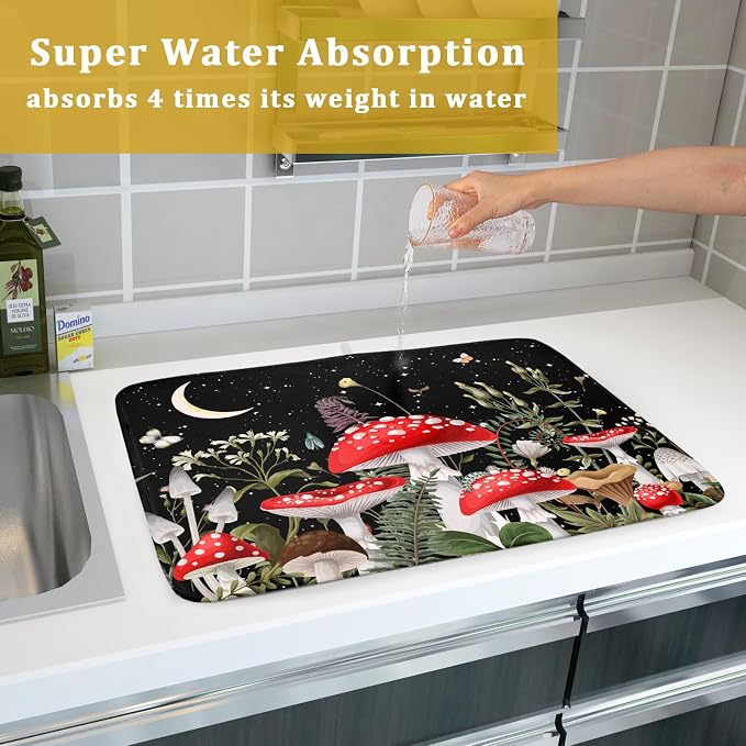Red Mushroom Dish Drying Mat for Kitchen Counter Plant Leaves Drainer Mats Rack - Image 7