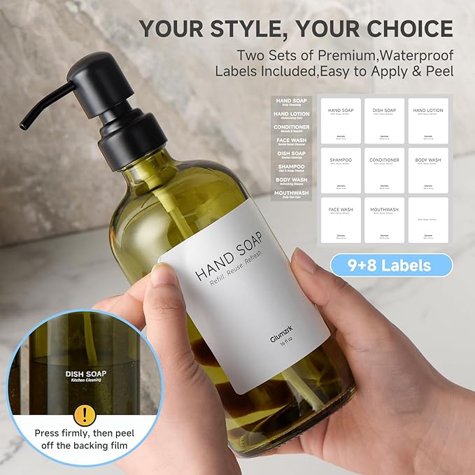 2 Pack Kitchen Soap Dispenser Set - 16oz Green Glass Dish and Hand Soap - Image 4