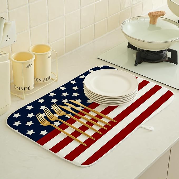4th of July Dish Drying Mat 18x24 Inch Navy Blue Red Flag Stars Patriotic - Image 4