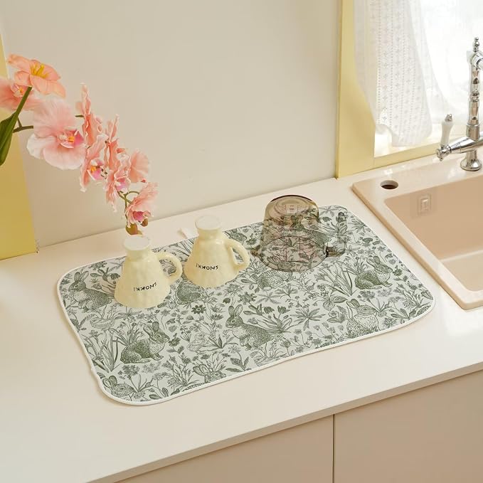 Spring Easter Dish Drying Mat 18 x 24 inch Green Rabbit Bunny Botanical Floral - Image 6