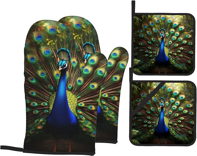 Peacock Pattern Oven Gloves and Hot Pads Set by Unknown