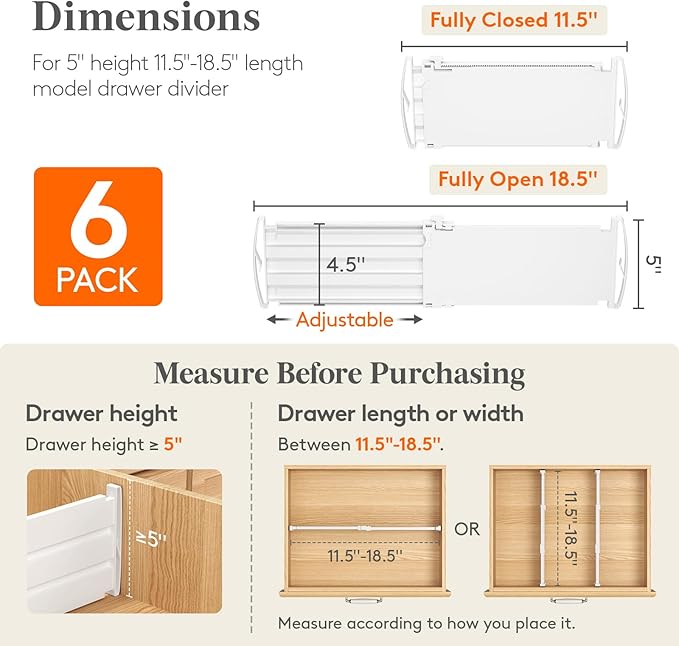 Lifewit 5" Tall 6 Pack Drawer Dividers, 30-47cm/11.5-18.5" Expandable Drawer - Image 2