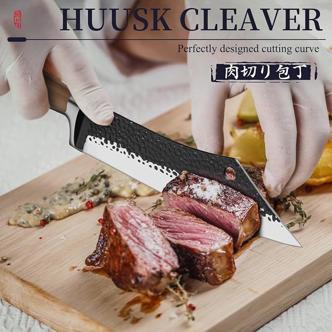 Huusk Grilling Gifts for Men Meat Cleaver Butcher Knife Hand Forged High Carbon - Image 2