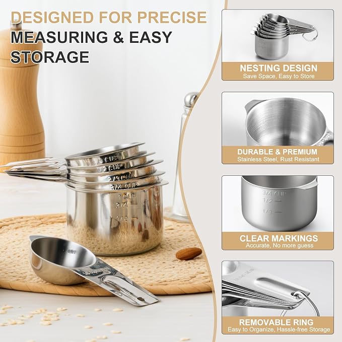 Stainless Steel Measuring Cups & Spoons Set, EWFEN Kitchen Tools Nesting - Image 6