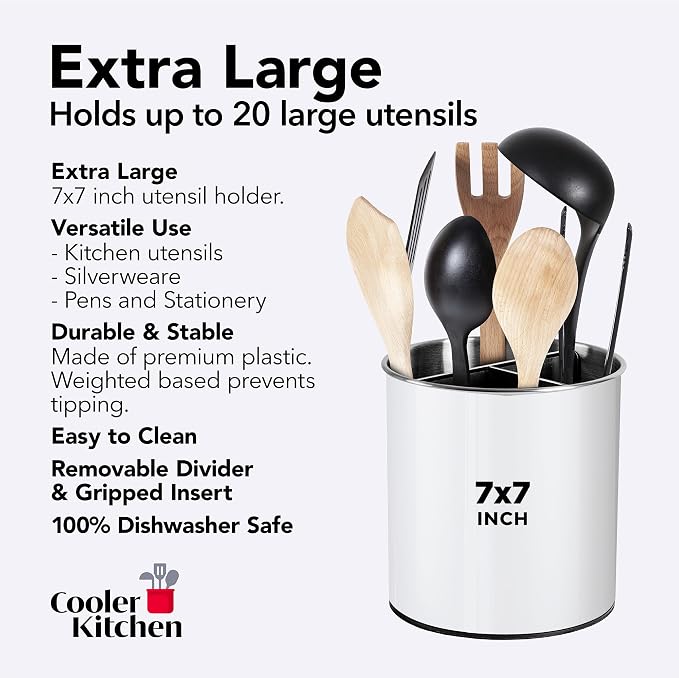 Cooler Kitchen White Rotating Extra Large Stainless Steel Utensil Holder Caddy - Image 5