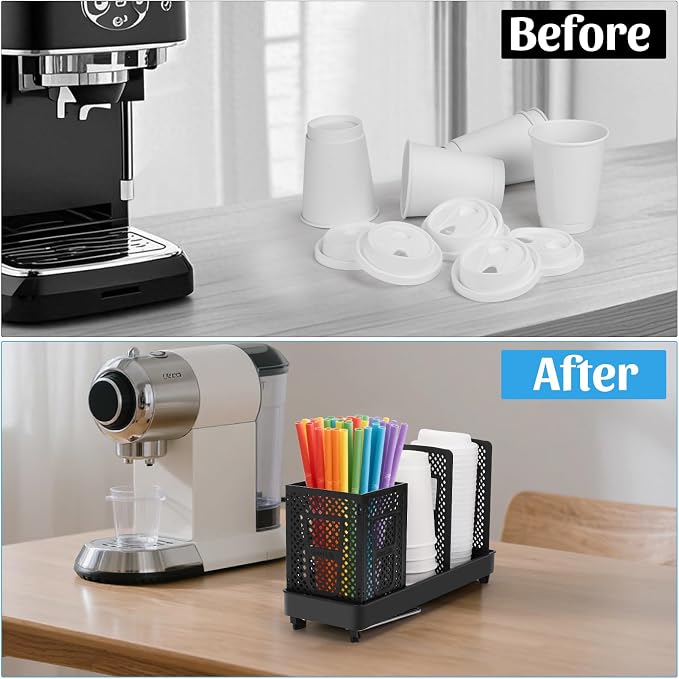Coffee Cup Dispenser with Straws Holder, Plastic Coffee Cup and Lid Holder - Image 6