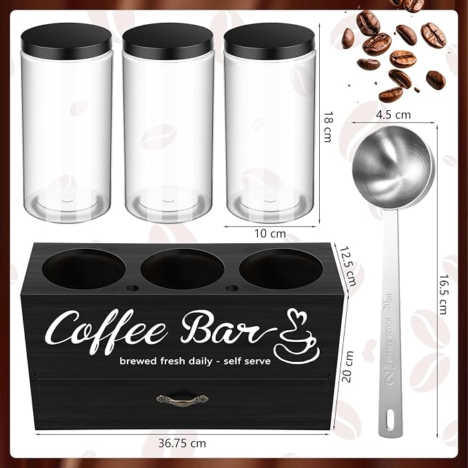3 Pcs Coffee Canister Set with Shelf and Spoon Plastic Coffee Bean Storage - Image 2
