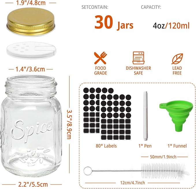 CycleMore 30 Pack 4oz Glass Mason Spice Jars, Round Spice Containers - Image 2