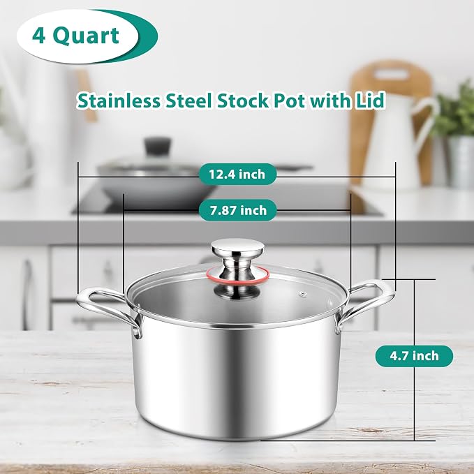 E-far 4 Quart Stock Pot, Tri-Ply Stainless Steel Cooking Pot - Image 2