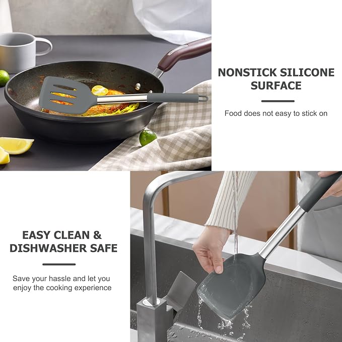 TeamFar Kitchen Utensils, for Non-stick Cookware Flipping, Draining – Gray - Image 6