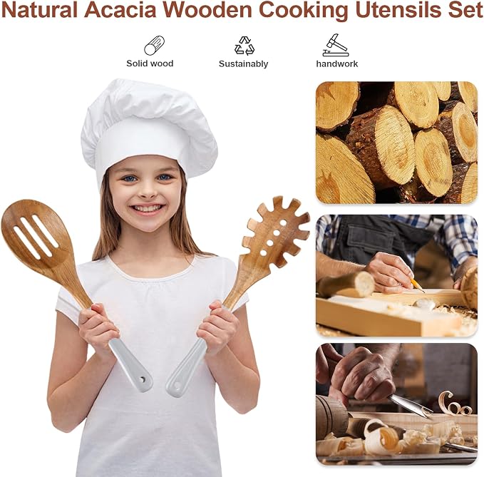 Wooden Spoons For Cooking, 6 Pieces Natural Acacia Wooden Cooking Utensils or - Image 8